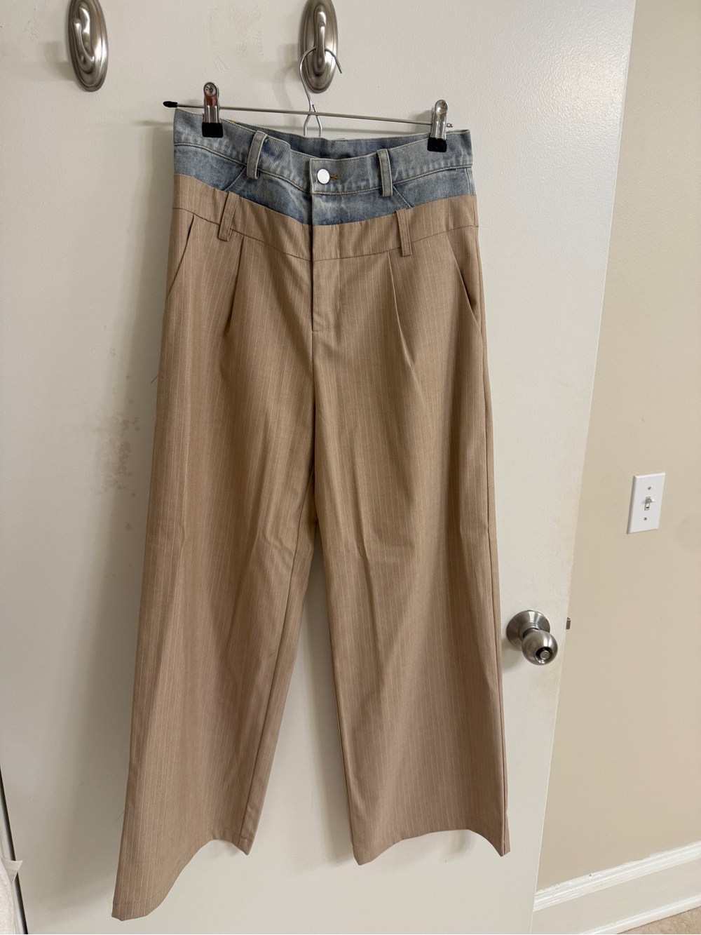 Wide-Leg Two-Tone Trousers in Tan with Denim Waistband